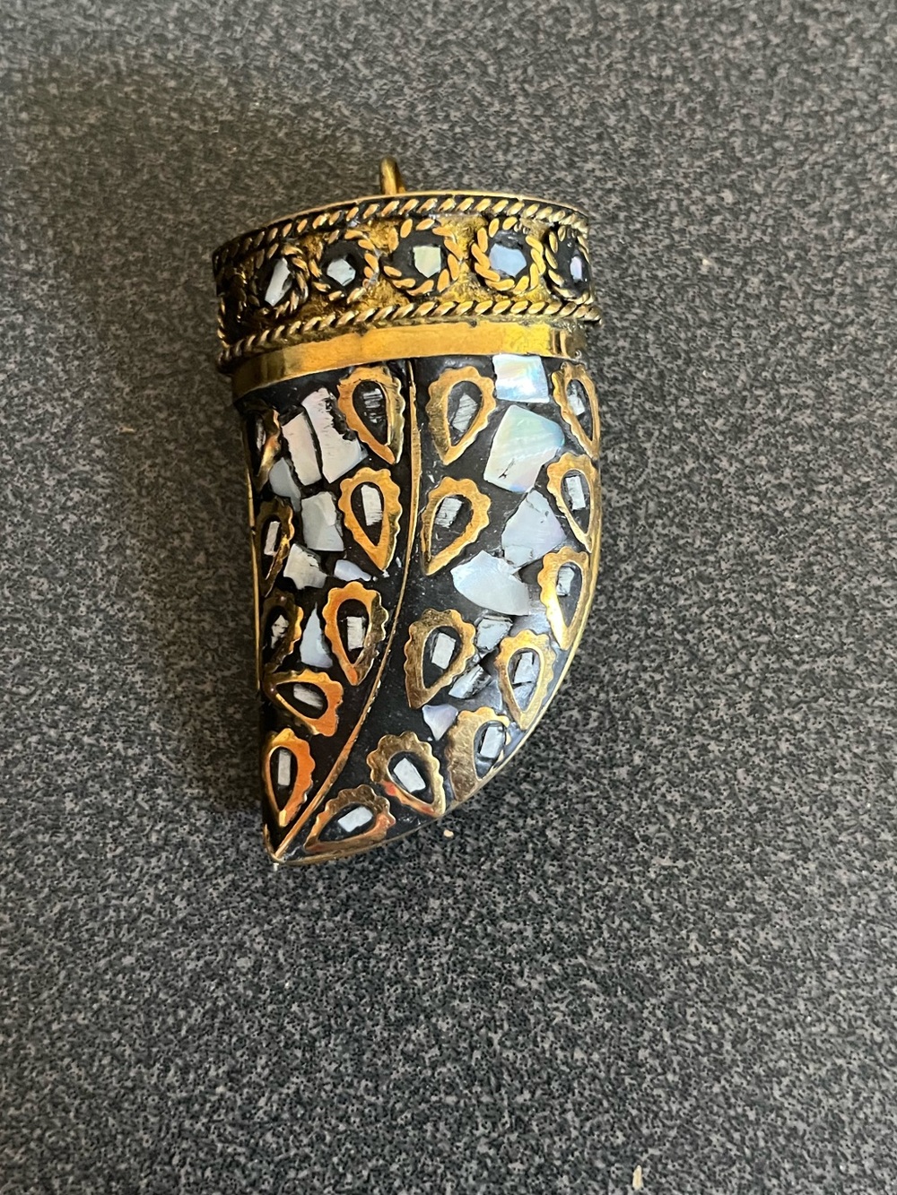 Vintage Tibetan/India Gold-Brass Horn Pendant with Inlaid Mosaic Mother of Pearl